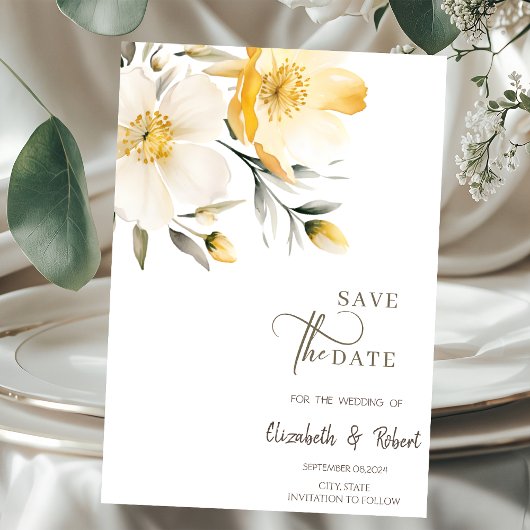 Waterverf Gele Witte Bloemen Bewaar De Datum Save The Date