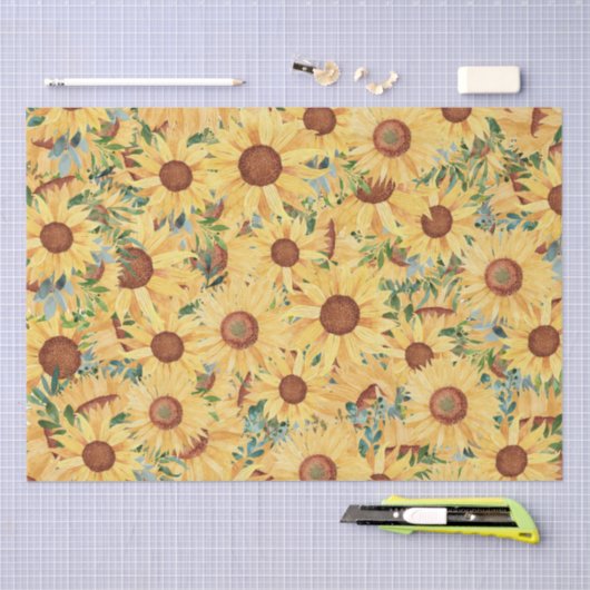 Waterverf Gele zonnebloem en -bladeren Tissuepapier (Craft)