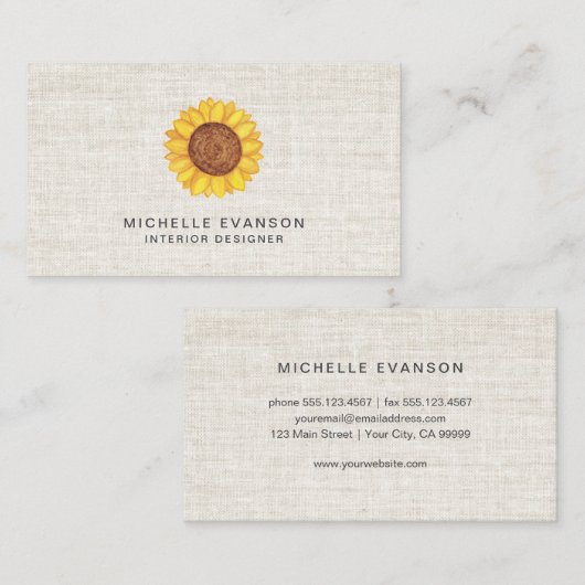 Waterverf Gele Zonnebloem Logo op Rustiek Linnen Visitekaartje (Voorkant / Achterkant)