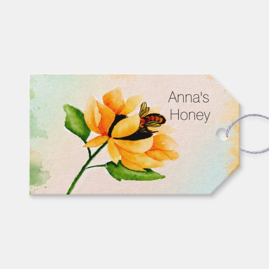 Waterverf Gele Zonnebloem met Label van bijen Cadeaulabel (Voorkant (Horizontaal))