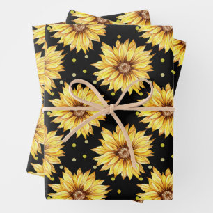 Waterverf Gele Zonnebloemen Floral Black Inpakpapier Vel