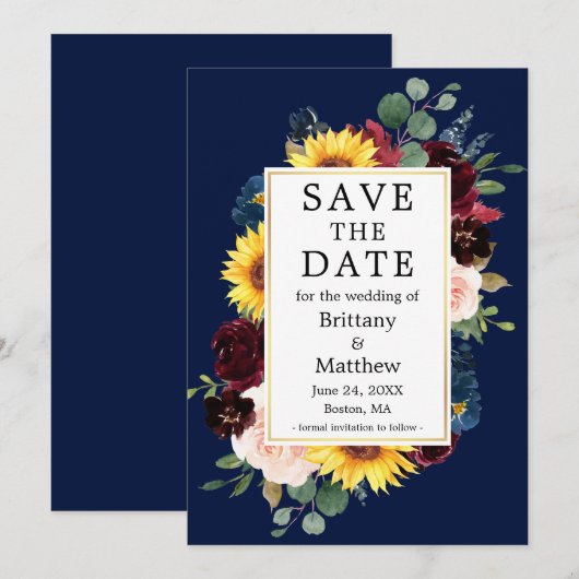 Waterverf Gemengd Floral Blue Gold Lijst Save The Date (Voorkant / Achterkant)
