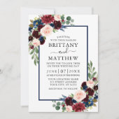 Waterverf gemengd Floral Burgundy Blue Wedding Kaart (Voorkant)