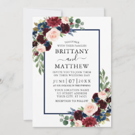 Waterverf gemengd Floral Burgundy Blue Wedding Kaart