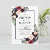 Waterverf gemengd Floral Burgundy Blue Wedding Kaart (Staand voorkant)