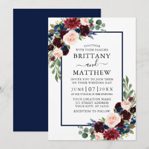 Waterverf gemengd Floral Burgundy Blue Wedding Kaart