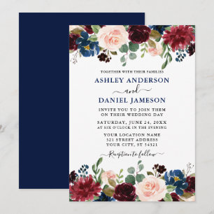 Waterverf gemengd Floral Burgundy Blue Wedding Kaart