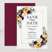 Waterverf Gemengd Floral Burgundy Gold Elegant Save The Date (Voorkant / Achterkant)