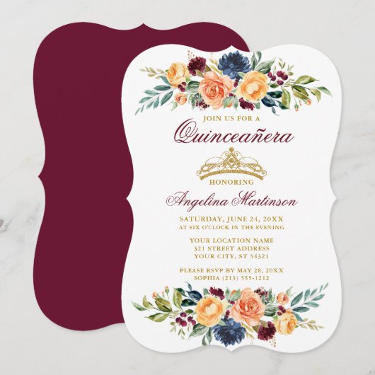 Waterverf Gemengd Floral Burgundy Quinceanera Kaart (Voorkant / Achterkant)