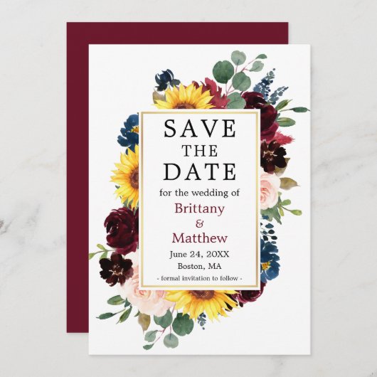 Waterverf Gemengd Floral Gold Lijst Burgundy Save The Date (Voorkant / Achterkant)
