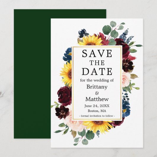Waterverf Gemengd Floral Gold Lijst Groen Save The Date (Voorkant / Achterkant)