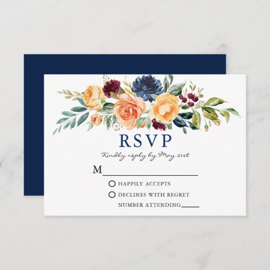 Waterverf Gemengd Floral Greenery Blue Wedding RSVP Kaartje (Voorkant / Achterkant)