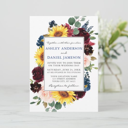 Waterverf Gemengd Floral Lijst Wedding Blue Kaart (Staand voorkant)