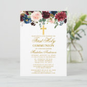 Waterverf gemengde bloemen Eerste Communie Burgund Kaart (Staand voorkant)