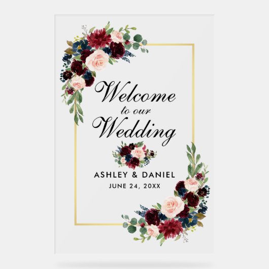 Waterverf Gemengde Bloemen Goud Lijst Bruiloft Wel Acryl Bord (Voorkant)