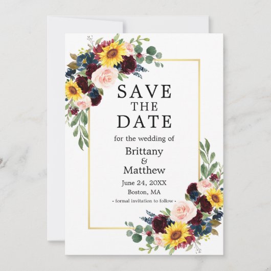 Waterverf Gemengde Bloemen Goud Lijst Foto Elegant Save The Date (Voorkant)