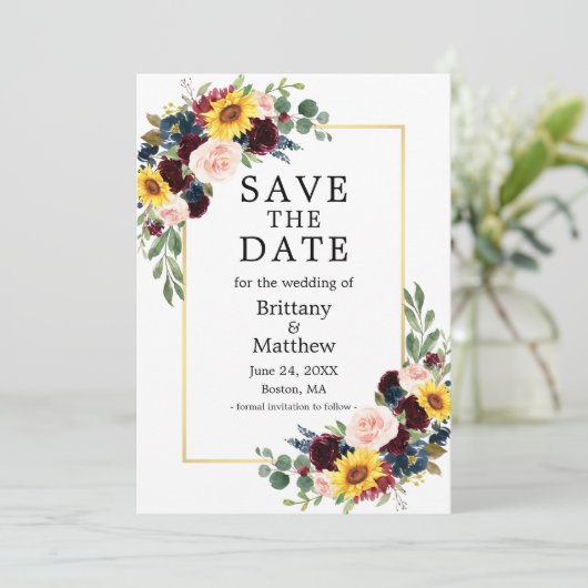 Waterverf Gemengde Bloemen Goud Lijst Foto Elegant Save The Date (Staand voorkant)
