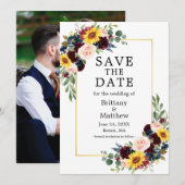 Waterverf Gemengde Bloemen Goud Lijst Foto Elegant Save The Date (Voorkant / Achterkant)