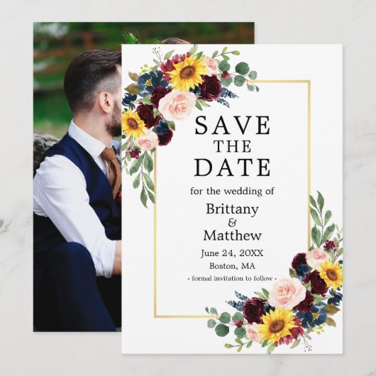 Waterverf Gemengde Bloemen Goud Lijst Foto Elegant Save The Date (Voorkant / Achterkant)