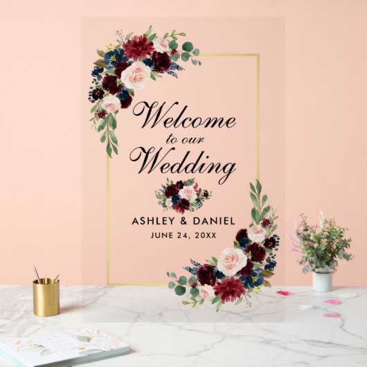 Waterverf Gemengde Bloemen Gouden Bruiloft Welkom Acryl Bord (Huwelijk)