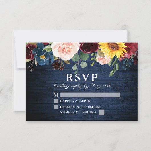 Waterverf Gemengde Bloemen Rustiek Blauw Hout Wedd RSVP Kaartje (Voorkant)