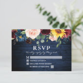 Waterverf Gemengde Bloemen Rustiek Blauw Hout Wedd RSVP Kaartje (Staand voorkant)