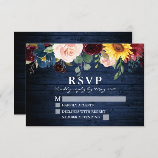 Waterverf Gemengde Bloemen Rustiek Blauw Hout Wedd RSVP Kaartje (Voorkant / Achterkant)