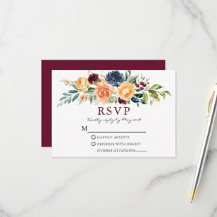 Waterverf Gemengde Bloemige Groene Plant Burgundy RSVP Kaartje