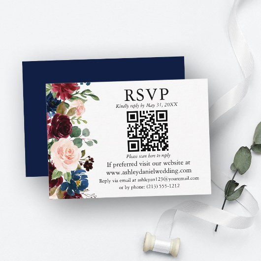 Waterverf gemengde Floral Blue QR RSVP bruiloft Informatiekaartje