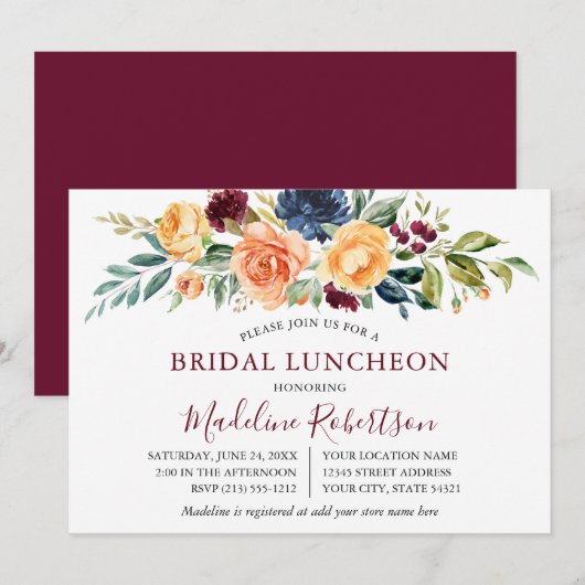 Waterverf Gemengde Floral Bridal Lunch Burgundy Kaart (Voorkant / Achterkant)