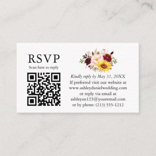 Waterverf gemengde Floral bruiloft QR RSVP Bourgog Informatiekaartje (Voorkant)
