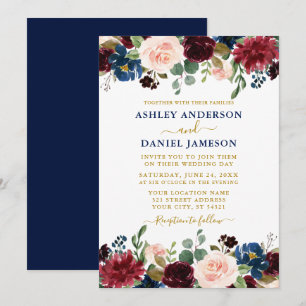 Waterverf gemengde Floral Burgundy Blue Gold Weddi Kaart