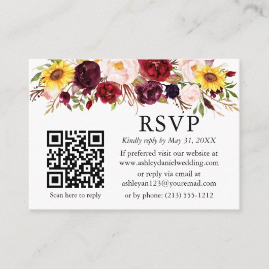Waterverf gemengde Floral Burgundy QR Wedding RSVP Informatiekaartje (Voorkant)