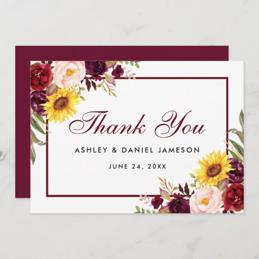 Waterverf gemengde Floral Burgundy Wedding Bedankkaart (Voorkant / Achterkant)