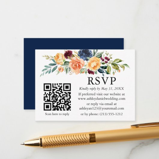 Waterverf gemengde Floral QR Wedding Blue RSVP Informatiekaartje (Voorkant / Achterkant in situ)
