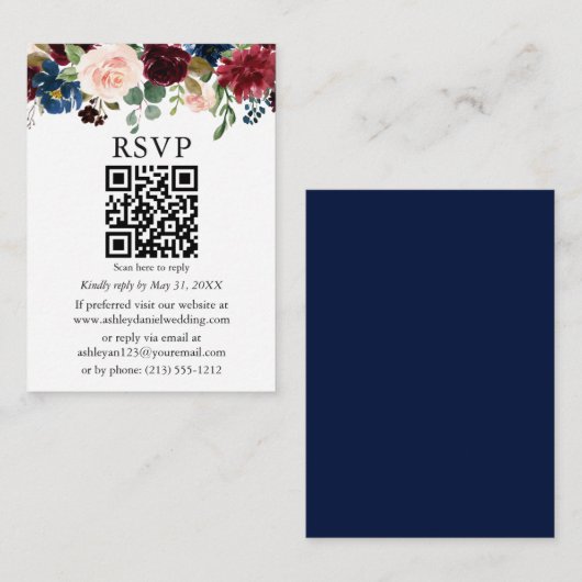 Waterverf gemengde Floral Weddenschap Blue QR RSVP Informatiekaartje (Voorkant / Achterkant)