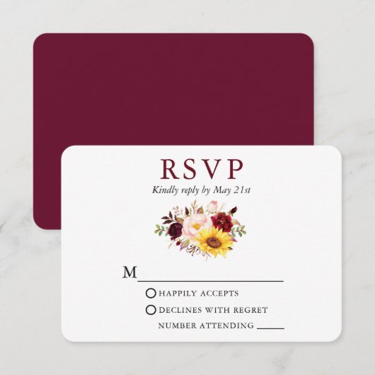 Waterverf gemengde Floral Wedding Burgundy RSVP Kaartje (Voorkant / Achterkant)