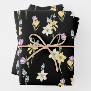 Waterverf gemengde tuinlentbloemen zwart inpakpapier vel