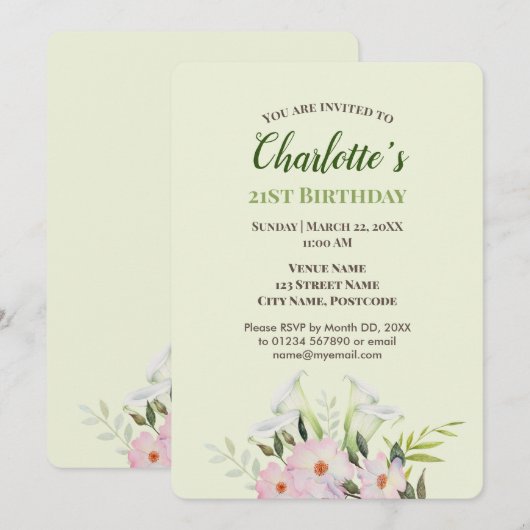 Waterverf Gentle White Calla Birthday Uitnodiging (Voorkant / Achterkant)