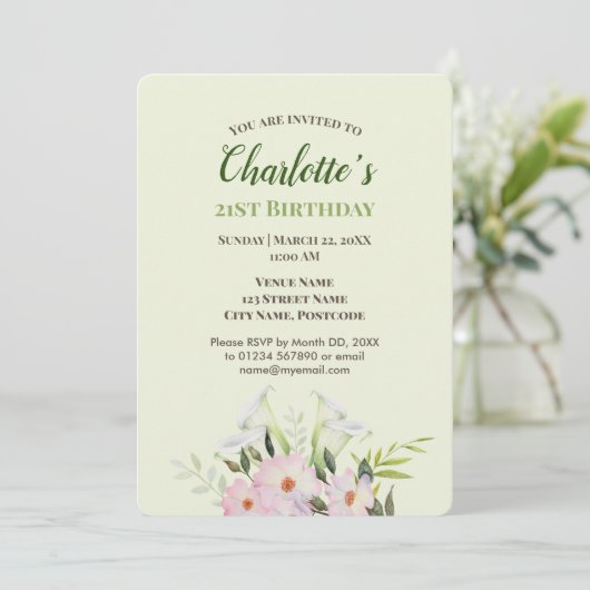 Waterverf Gentle White Calla Birthday Uitnodiging (Staand voorkant)