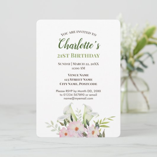 Waterverf Gentle White Calla Birthday Uitnodiging (Staand voorkant)