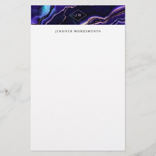 Waterverf Geode Deep Blue Paars Roos Gold Agate Briefpapier (Voorkant)