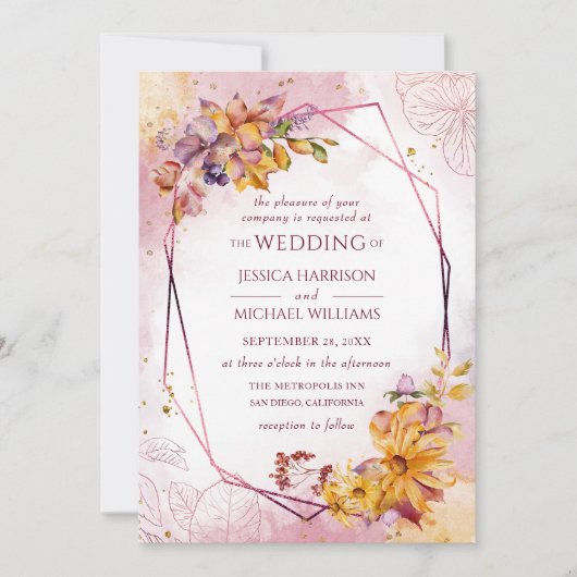 Waterverf Geometric Burgundy Floral Fall Wedding Kaart (Voorkant)