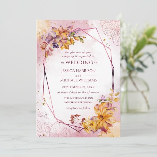 Waterverf Geometric Burgundy Floral Fall Wedding Kaart (Staand voorkant)