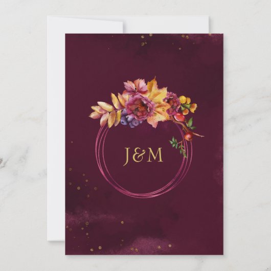 Waterverf Geometric Burgundy Floral Fall Wedding Kaart (Achterkant)