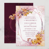 Waterverf Geometric Burgundy Floral Fall Wedding Kaart (Voorkant / Achterkant)