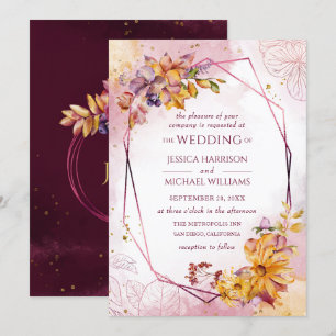 Waterverf Geometric Burgundy Floral Fall Wedding Kaart