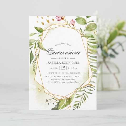 Waterverf Geometric Crystal Greenery Quinceañera Kaart (Staand voorkant)
