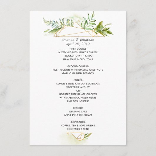 Waterverf Geometric Crystal Greenery Wedding Menu (Voorkant)