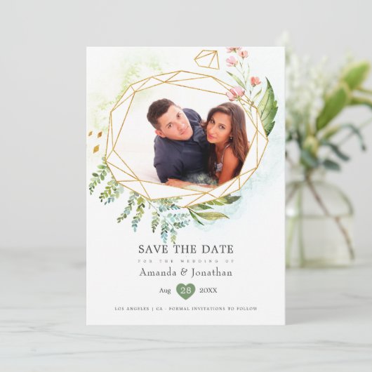 Waterverf Geometric Crystal Greenery Wedding Save The Date (Staand voorkant)